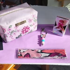 Tahari Pink Floral Makeup Pouch with Gold Logo